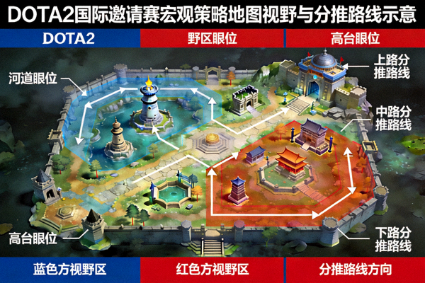 DOTA2 国际邀请赛宏观策略地图视野与分推路线示意
