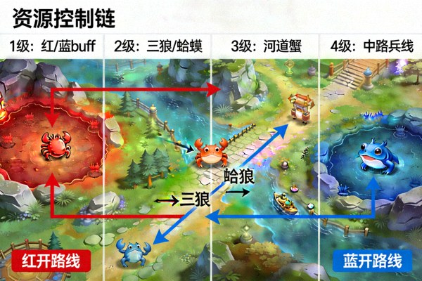 王者荣耀打野英雄野区刷野路线与资源控制链示意图
